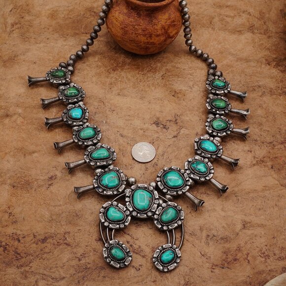 Unique Vintage Native Navajo Turquoise Squash Blossom Ornate Silver Necklace 27" - Picture 10 of 13